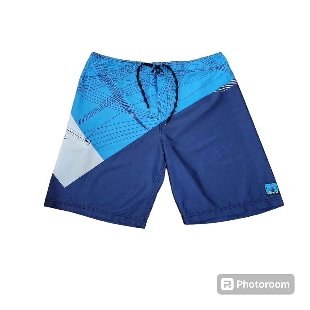 Mens Surf Stretch Board Shorts Unlined Blue Geometric Modern Art Pattern Size 38